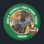 Foton till grönt High School Football Player Magnet<br><div class="desc">Den här coolan har skräddarsytt fotbolls-spelarens fotospritmagnet i grönt med vit typografi av ditt team och namn. Anpassa med idrottsmannen namn bredvid boll.</div>
