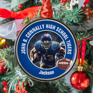 Foton till jul för Blue High School Football Playe Julgransprydnad Metall