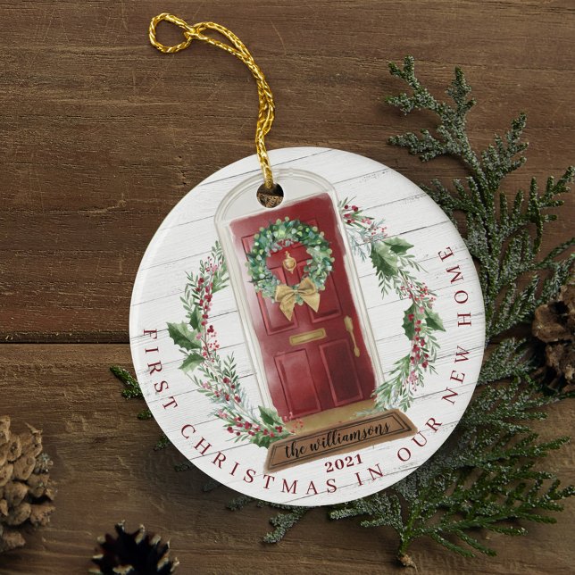 Foton till Julens nya, rött vattenfärgsdörr, hem Julgransprydnad Keramik (Christmas New Home Red Watercolor Door Photo Ceramic Ornament)