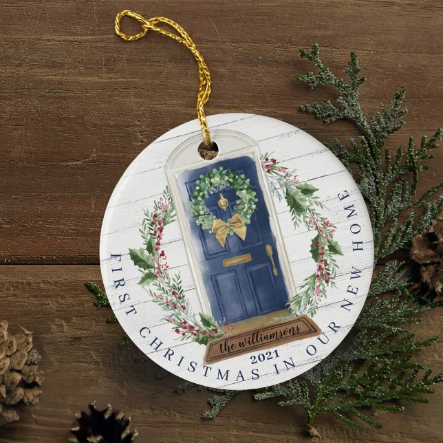 Foton till nyare hemmahamn, blå vattenfärgsdörr julgransprydnad keramik (Christmas New Home Navy Blue Watercolor Door Photo Ceramic Ornament)