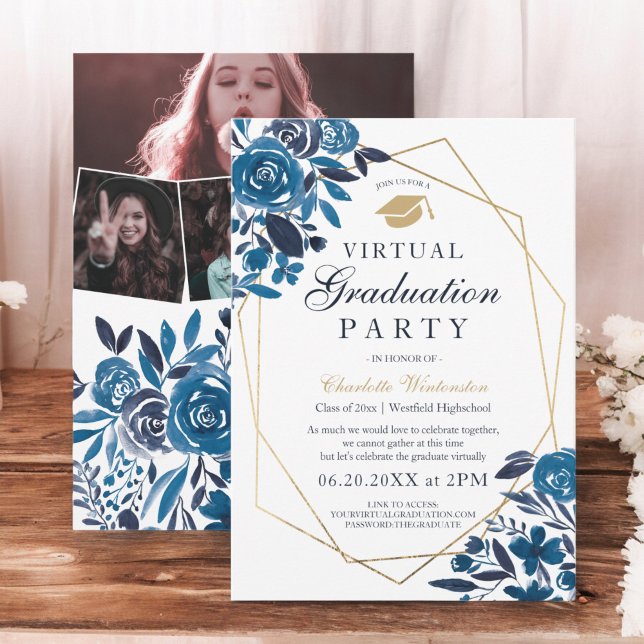 Foton virtuella Studenten vid blommigt guld ram Inbjudningar (Navy floral gold frame photos virtual Graduation Invitation)