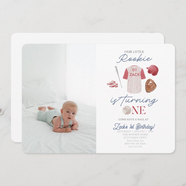 Fotonybörjare Baseball Uniform Boys 1:a födelsedag Inbjudningar (Fram/baksida)