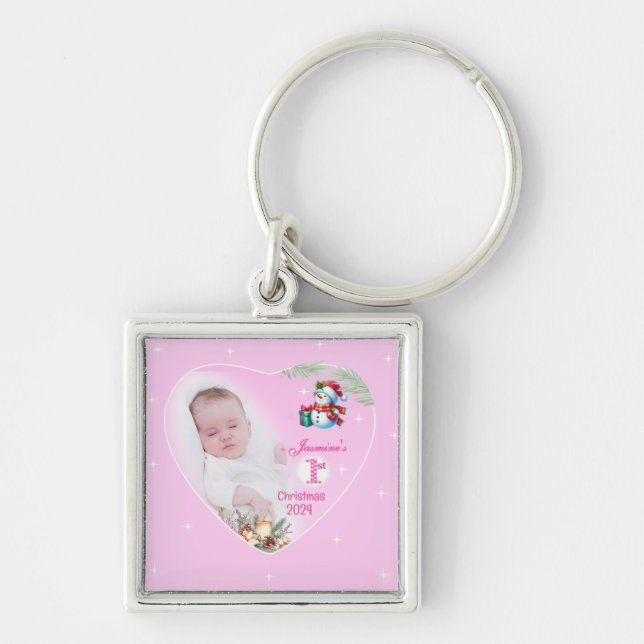 Fotonyckelkedjekeepie - flicka 1:a julen fyrkantig silverfärgad nyckelring (Framsidan)