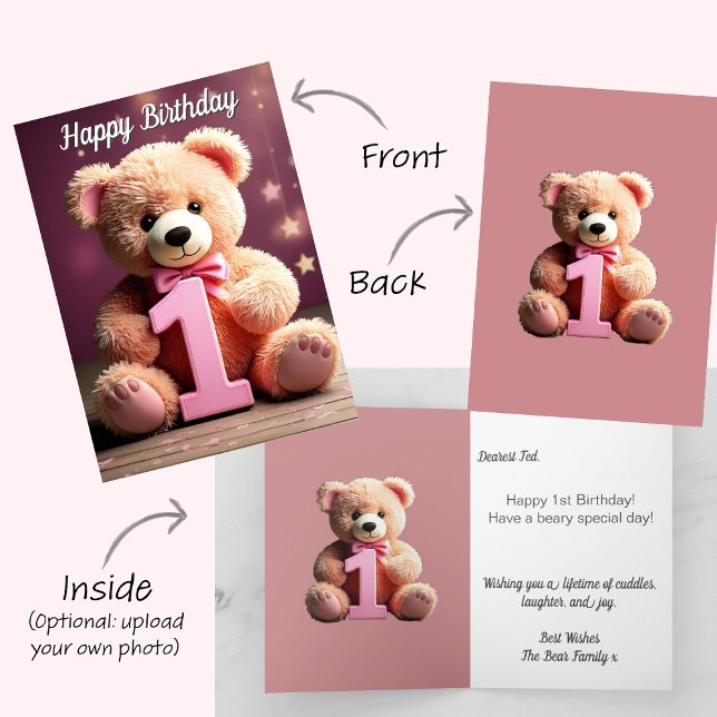Fotoöverföring Cute Nalle Girl 1:a födelsedagen Kort (Girl Happy 1st first birthday card. Cream teddy bear holding a number 1. Pink star background)