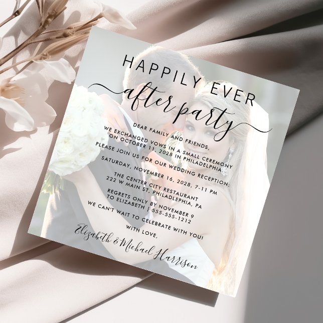 Fotoöverlägg för bröllopsfest efter lyckligt slut inbjudningar (An chic photo overlay Happily Ever After Party invitation for your wedding celebration)