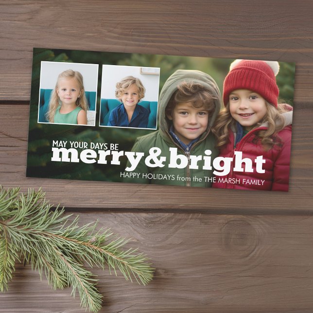 Fotoöverlägg, merry och Bright Helgdag Collage Julkort (Add 3 photos to this classic photo card that can be printed or sent out to friends and family.)