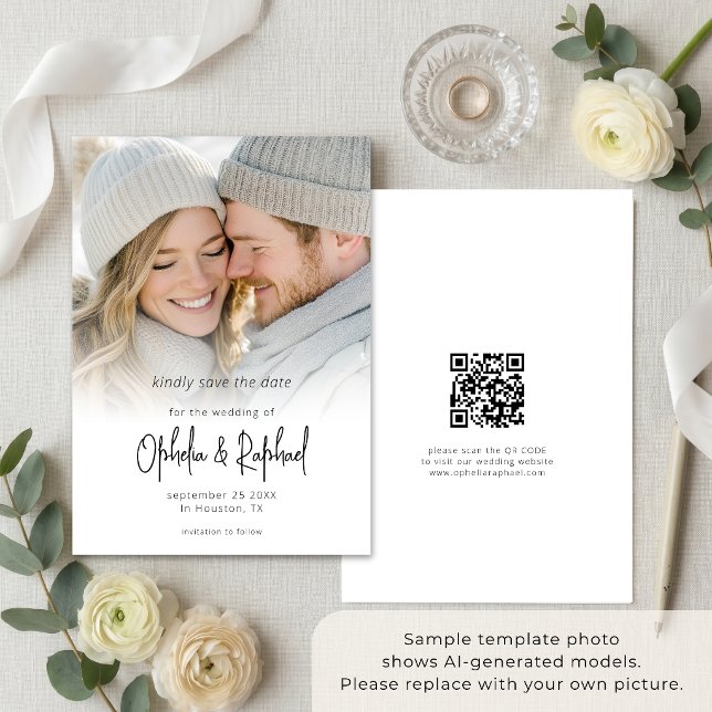 Fotoöverlägg Modern Skript QR-kod Bröllop Spara Datumet (Skapare uppladdad)