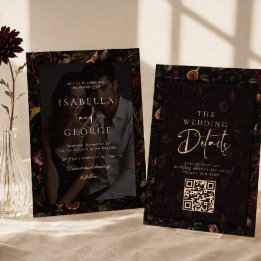 Fotoöverlägg Moody Floral Burgundy Bröllop Inbjudningar