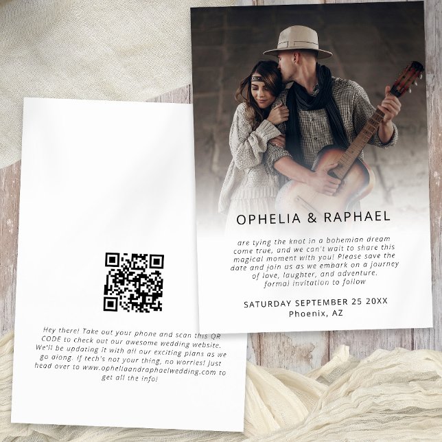Fotoöverlägg QR-kodskript Boho Bröllop Spara Datumet (Front and back view)