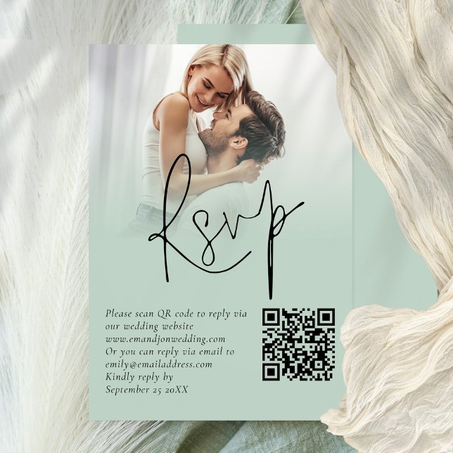 Fotoöverläggningsskript QR Sage Bröllop OSA Card Inbjudningar (Available printed or digitally)