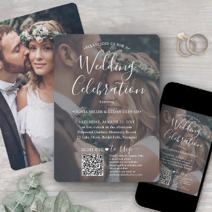 Fotoöverlagring QR-kod RSVP Vit Skrift Bröllop Inbjudningar
