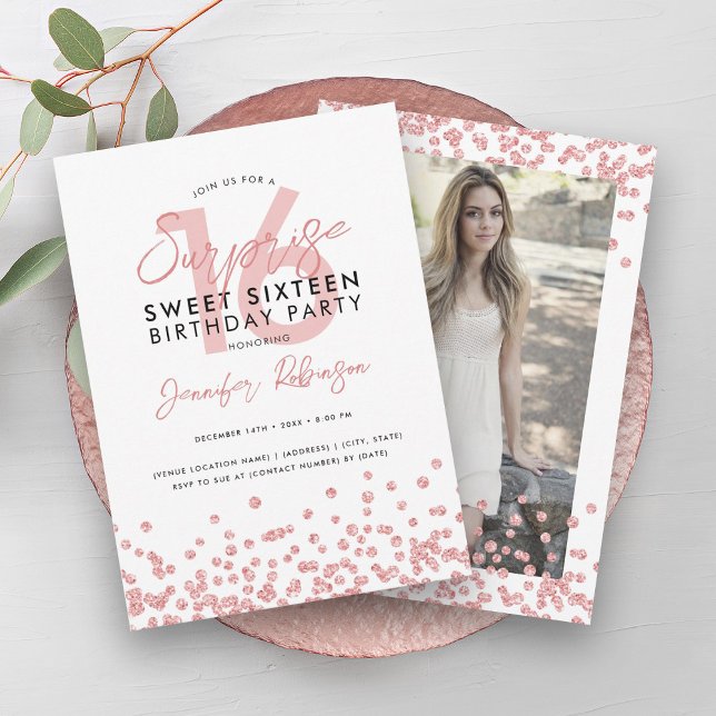 FotoöverraskningsSverige ro 16 Glitter Guld Inbjudningar (Rose Gold Glitter Photo Surprise Sweet 16 Invitation)