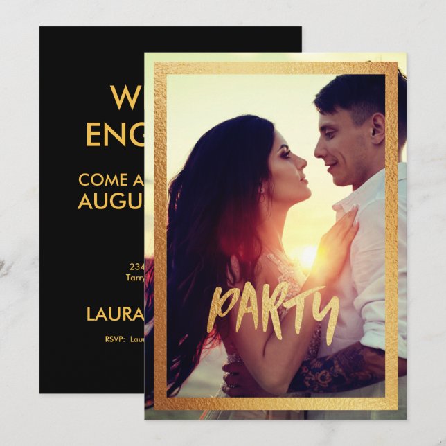 Fotopartiinbjudan till Guld Sparkly Förlovning Pho Inbjudningar (Fram/baksida)