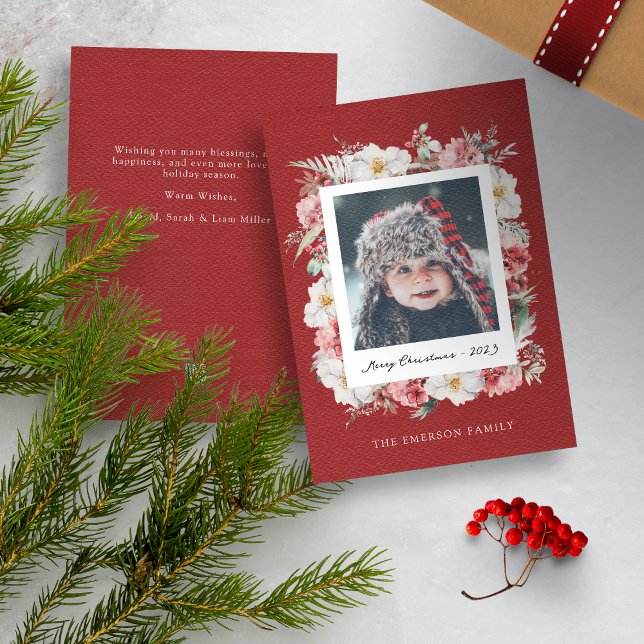 Fotopataniskt julkort (Red Merry Christmas Photo Holiday Card with Elegant Watercolor Botanical Florals Berries)