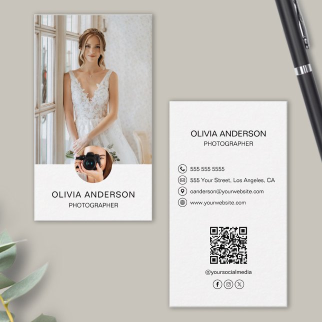 Fotopatecken 2 Fotopateikoner Anpassningsbar QR ko Visitkort (Photographer 2 Photos Custom Icons QR Code White Business Card)