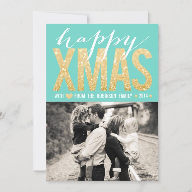 Fotopatkort för Aqua Glitter i Guld Julkort (Framsida)