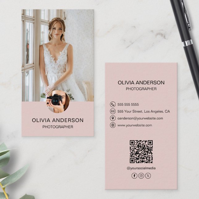 Fotopatron 2 Foton Anpassningsbar Ikoner QR-kodens Visitkort (Photographer 2 Photos Custom Icons QR Code Pink Business Card)