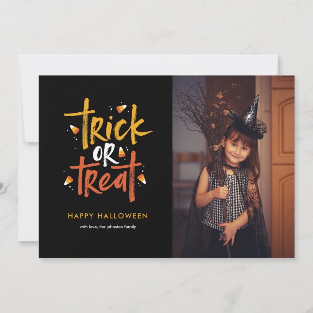 Fotoportet Bus eller godis Candy corn Halloween Inbjudningar (Framsida)