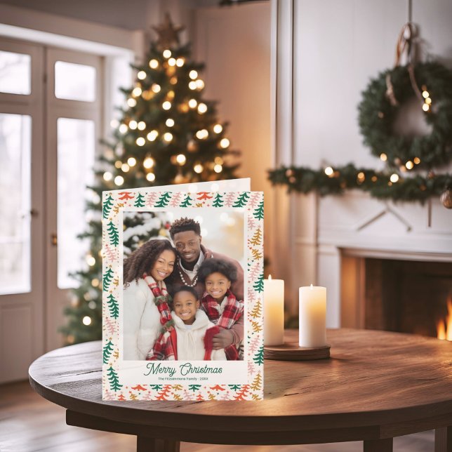 Fotoportet Retro Julgran med Helgdag Helgkort (Groovy Retro Christmas Tree Holiday Folded Card)