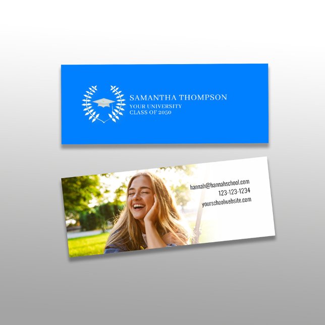 Fotoportet Student Namn - Elegant blått och vitt Mini Visitkort (Graduation simple name card with photo template in Azure blue school color theme.)