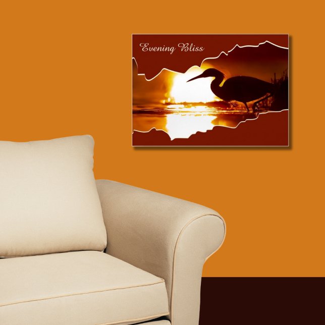 FotoPoster av Evening Bliss Heron Fishing Susnset  Poster (Evening Bliss, Sunset with a Heron Silhouette)