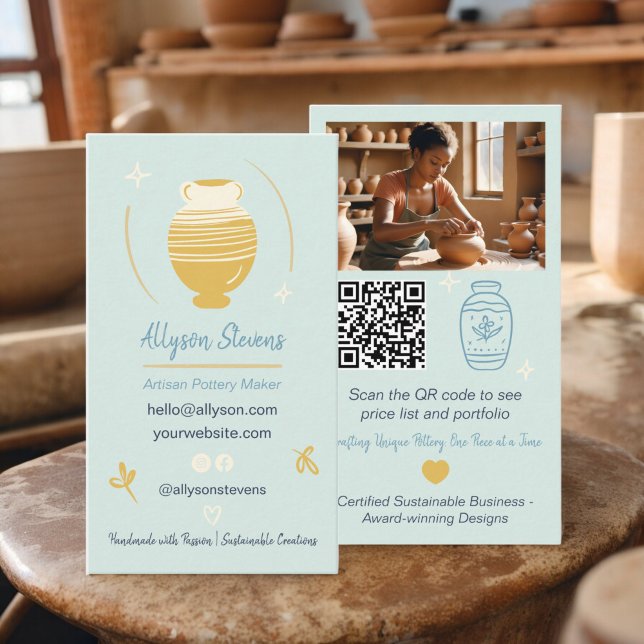 Fotoqr-kod för Blue Artisan Pottery Maker Crafts Visitkort (Blue Artisan Pottery Maker Crafts photo qr code Business Card)