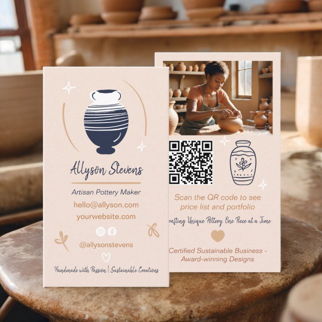 Fotoqr-kod för Rustic Artisan Pottery Maker Crafts Visitkort (Rustic Artisan Pottery Maker Crafts photo qr code Business Card)
