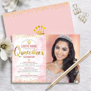 FotoQuinceañera med Rosa Guld Glitter Inbjudningar