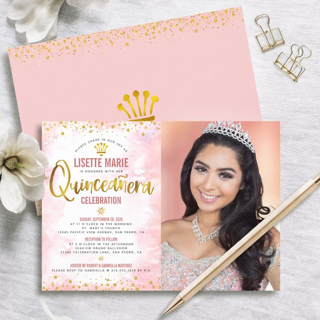 FotoQuinceañera med  Rosa Guld Glitter Inbjudningar (Skapare uppladdad)