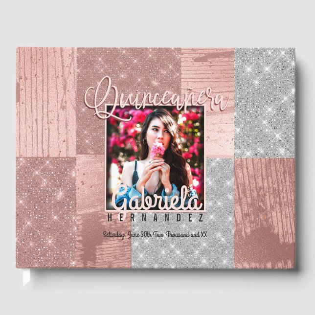FotoQuinceañera (Modern Ro Guld Silver Glitter) Gästböcker (Framsida)