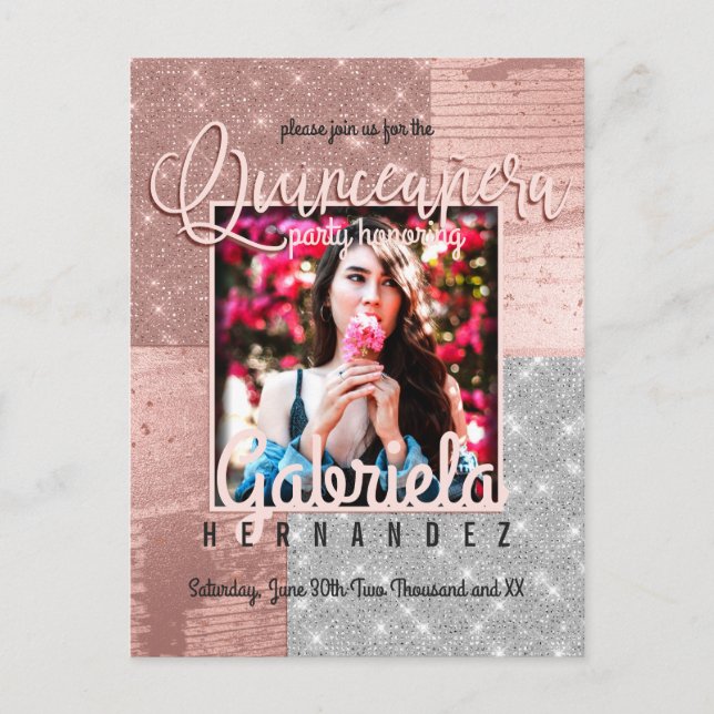 FotoQuinceañera (Modern Ro Guld Silver Glitter) Inbjudan Vykort (Framsida)