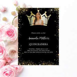 FotoQuinceanera (svart guld krona) Inbjudningar