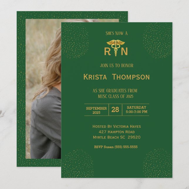 Fotoregistrerat Nurse Studenten Grönt Guld Inv Inbjudningar (Fram/baksida)