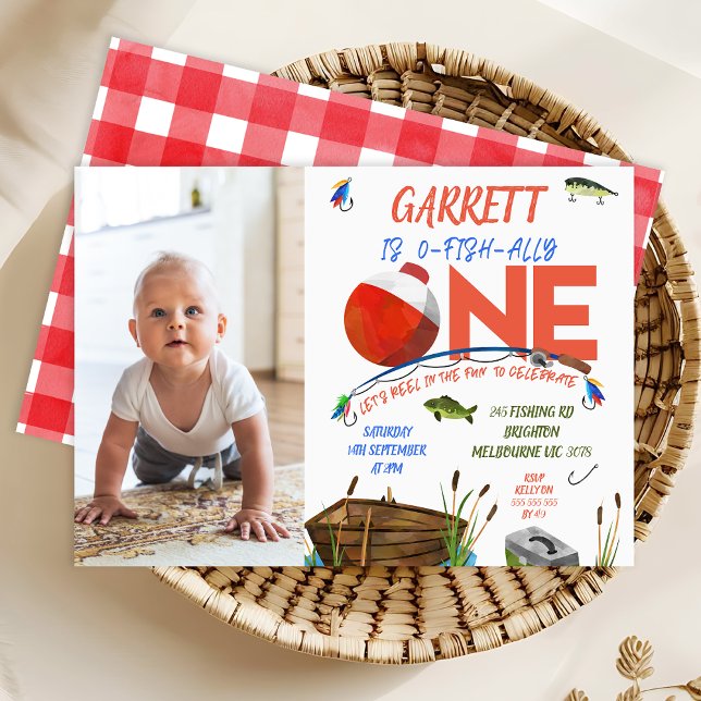 Fotoröd blått havsabborre ofiskalt 1:a födelsedag inbjudningar (Boys Ofishally One 1st Birthday Invitation Template, Printable Fishing 1st Birthday Invite)