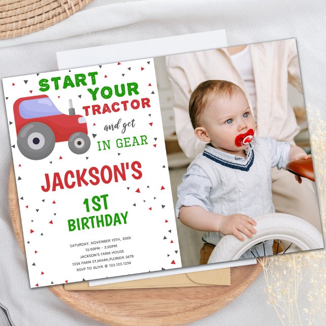 Fotoröda skådespelare, födelsedagsinbjudningar inbjudningar (Photo Red Tractor Birthday Invitations)