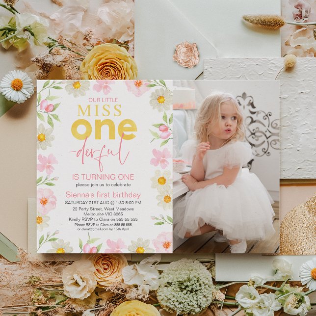 FotoRosa Blommigt: Onederful 1:a födelsedagen Inbjudningar (Miss Onedeful 1st Birthday Invitation Template, Floral Onederful First Birthday invitation Spring)