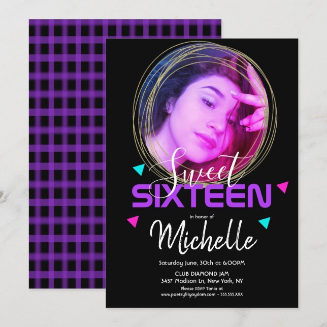 Fotorutnät för neon Sweet sixteen Ring-konfetti Inbjudningar (Fram/baksida)
