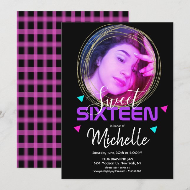 Fotorutnät för neon Sweet sixteen Ring-konfetti Inbjudningar (Fram/baksida)