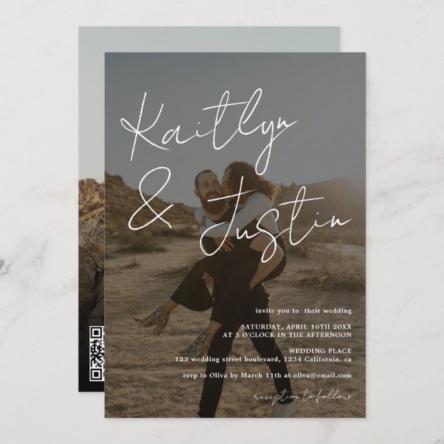 Fotos namn-skript, kalligrafi, svart bröllop inbjudningar (Fram/baksida)