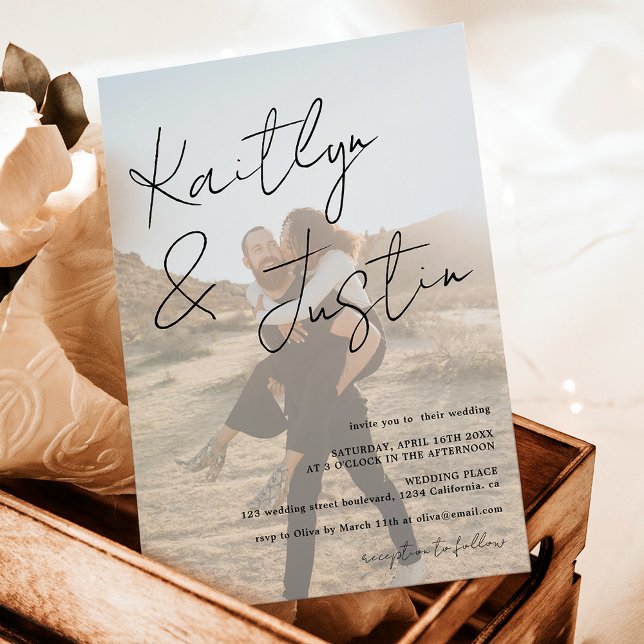 Fotos namn-skript, kalligrafi, vit svart bröllop inbjudningar (Photos name script calligraphy white black wedding invitation)