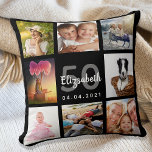 Fotosamlingskvinna från anpassningsbarna kudde<br><div class="desc">En unik gåva till en 50:e (eller någon ålder) kvinna som firar sitt liv med en kollage av 8 egna foton, bilder. Anpassa och lägg till hennes namn, 50 år och en dejt. Chicens svarta bakgrund. Grått och vitt brev och nummer. Namn är skrivet med ett modernt handskript i stil....</div>