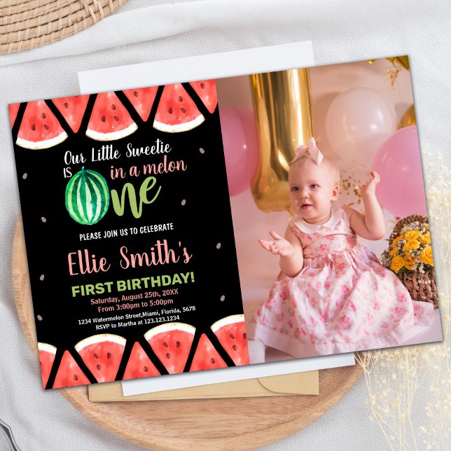 Fotosegment Grönt Watermelon Birthday-inbjudan Inbjudningar (Photo Slices Green Watermelon Birthday Invitations)