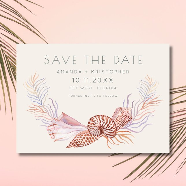 Fotoskräppostbröllop vid kustnära hav Spara datume Spara Datumet (Coastal Seashell Photo Beach Wedding Save the Date)