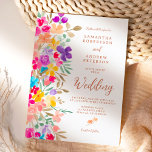Fotoskript bröllop för målade trädgårdsblommor inbjudningar<br><div class="desc">En modern,  känslig,  handmålad blomma av vild i ljusnyanser,  rosa,  rött,  blått,  gult och grönt,  med ett elegant-penseltypsteckensnitt för att fira sommaren utomhus bröllop i stil. Lägg till fotot på baksidan!</div>