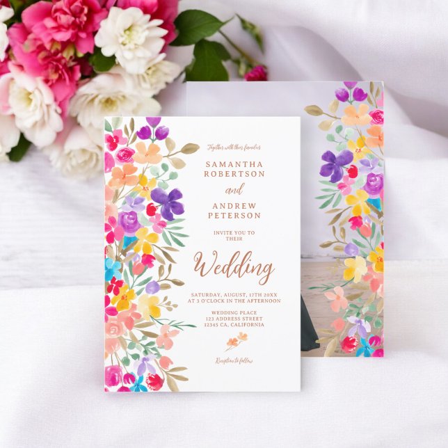 Fotoskript bröllop för målade trädgårdsblommor inbjudningar (Painted garden wildflowers photo script wedding invitation)