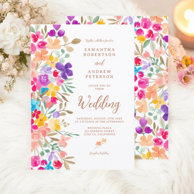 Fotoskript bröllop för målade trädgårdsblommor inbjudningar (Painted garden wildflowers photo script wedding invitation)