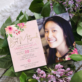 Fotoskript för Bat mitzvah Rosa, Blommigt, vattenf Inbjudningar