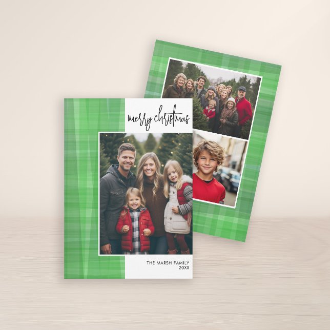 Fotoskriptet God jul Modern off Center Julkort (3 Photo Christmas Card with Plaid Watercolor Pattern - Print and Download Option)