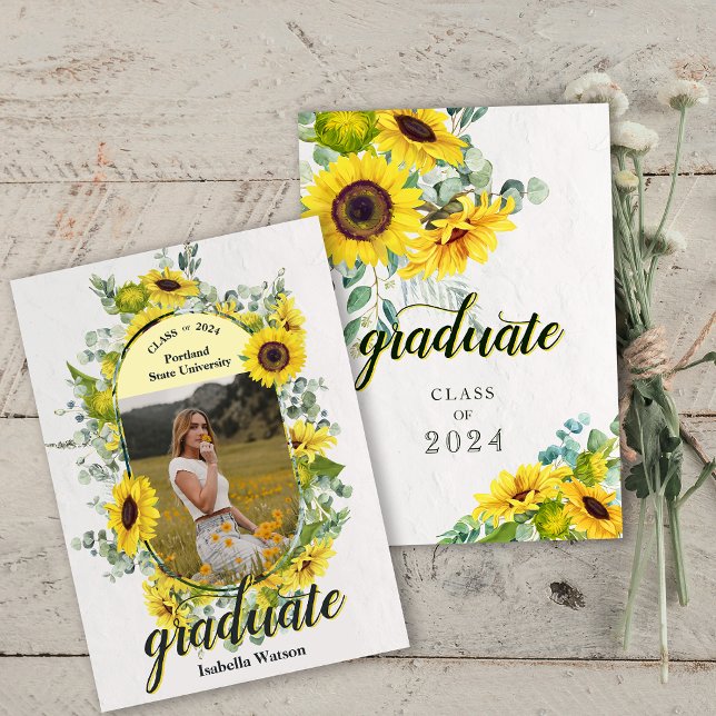 Fotosolrosskript Studenten-meddelande Inbjudningar (Photo Sunflower Script Graduation Announcement)