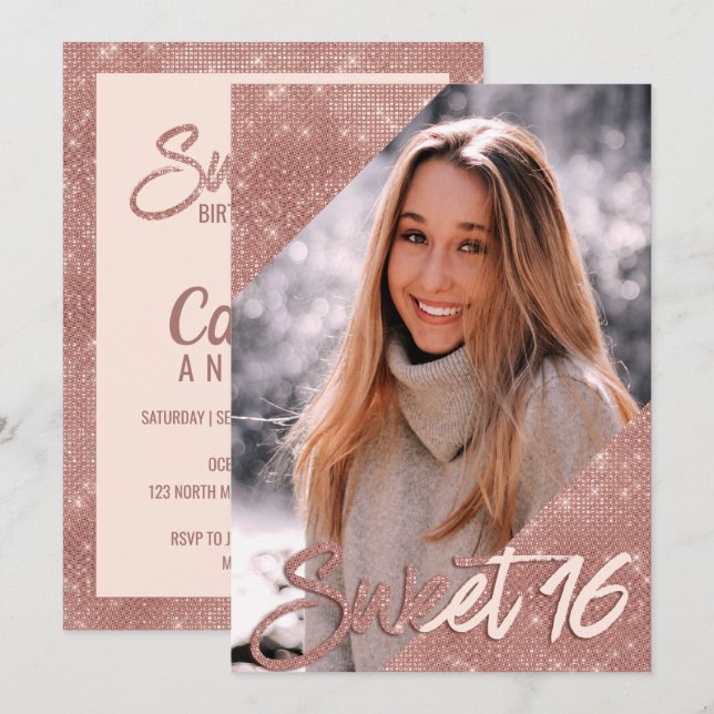 Fotosötare för chic Rosa ros Guld Glitter Gräns 16 Inbjudningar (Fram/baksida)